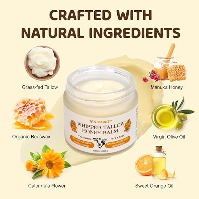 VIGORITY BEEF TALLOW AND HONEY BALM: ORGANIC GRASS FED WHIPPED BEEF TALLOW FOR SKIN - BEEF TALLOW FACE MOISTURIZER INFUSED WITH MANUKA HONEY, BEESWAX AND OLIVE OIL - 2 OZ, UNSCENTED - Image 3